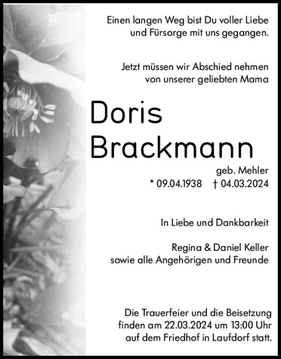 Traueranzeige von Doris Brackmann von Wetzlarer Neue Zeitung