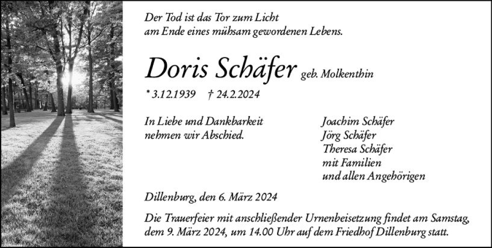  Traueranzeige für Doris Schäfer vom 06.03.2024 aus Dill Block