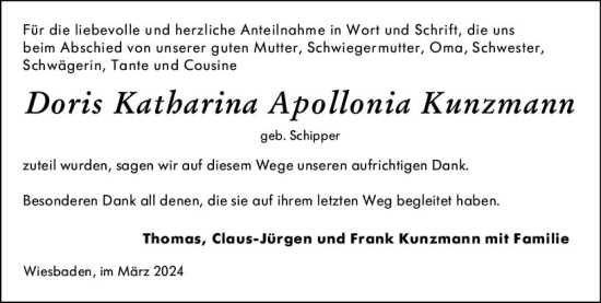 Traueranzeige von Doris Katharina Apollonia Kunzmann von Wiesbadener Kurier