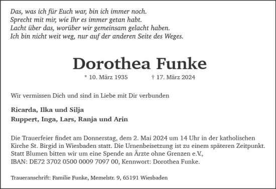 Traueranzeige von Dorothea Funke von Wiesbadener Kurier