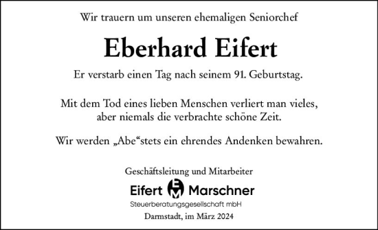 Traueranzeige von Eberhard Eifert von Darmstädter Echo