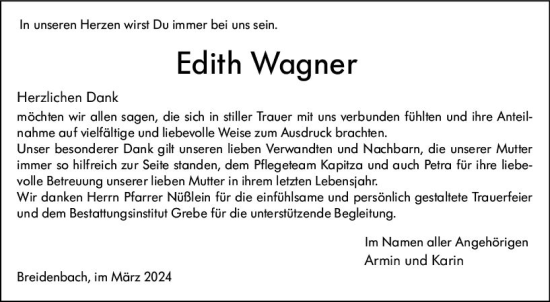 Traueranzeige von Edith Wagner von Hinterländer Anzeiger