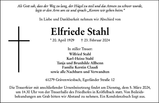 Traueranzeige von Elfriede Stahl von Wetzlarer Neue Zeitung