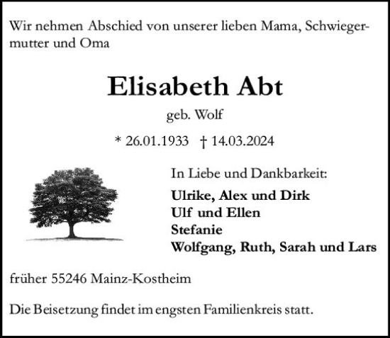 Traueranzeige von Elisabeth Abt von Allgemeine Zeitung Mainz