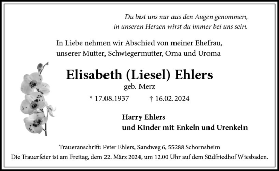 Traueranzeige von Elisabeth  Ehlers von Wiesbadener Kurier