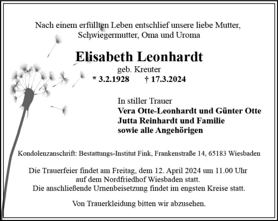 Traueranzeige von Elisabeth Leonhardt von Wiesbadener Kurier