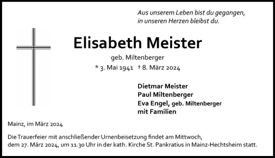 Traueranzeige von Elisabeth Meister von Allgemeine Zeitung Mainz