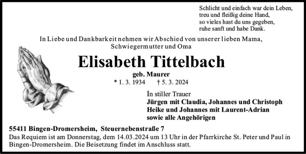  Traueranzeige für Elisabeth Tittelbach vom 09.03.2024 aus Allgemeine Zeitung Bingen/Ingelheim