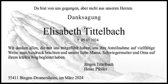 Traueranzeige von Elisaeth Tittelbach von Allgemeine Zeitung Bingen/Ingelheim