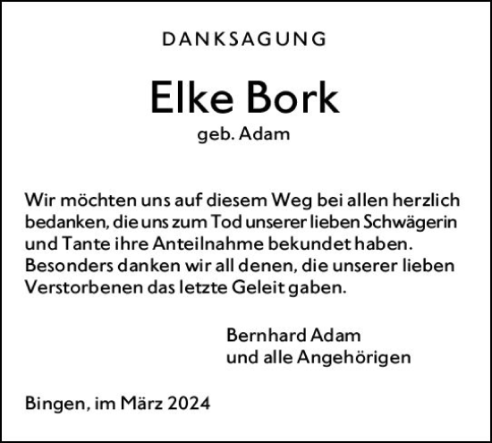 Traueranzeige von Elke Bork von Allgemeine Zeitung Bingen/Ingelheim