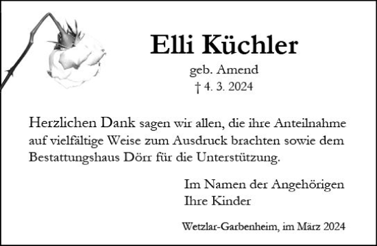 Traueranzeige von Elli Küchler von Wetzlarer Neue Zeitung