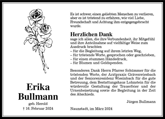 Traueranzeige von Erika Bullmann von Weilburger Tageblatt