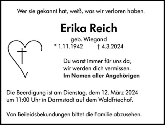 Traueranzeige von Erika Reich von Darmstädter Echo