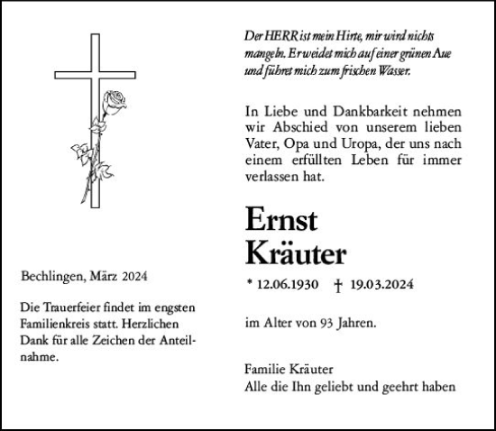 Traueranzeige von Ernst Kräuter von Wetzlarer Neue Zeitung