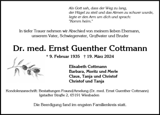 Traueranzeige von Ernst Guenther Cottmann von Wiesbadener Kurier