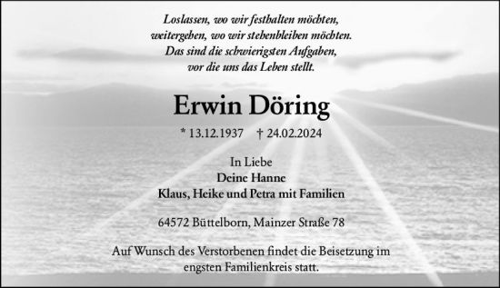 Traueranzeige von Erwin Döring von Groß-Gerauer Echo