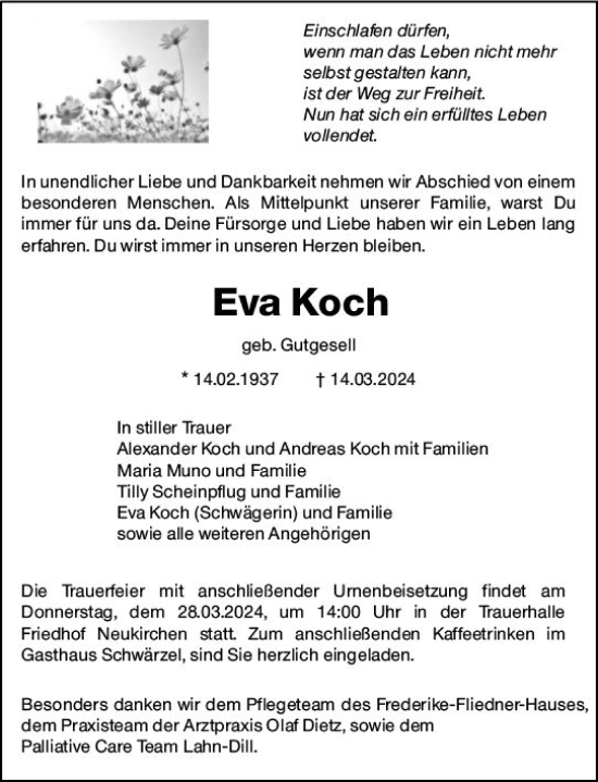 Traueranzeige von Eva Koch von Weilburger Tageblatt