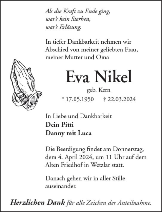 Traueranzeige von Eva Nikel von Wetzlarer Neue Zeitung
