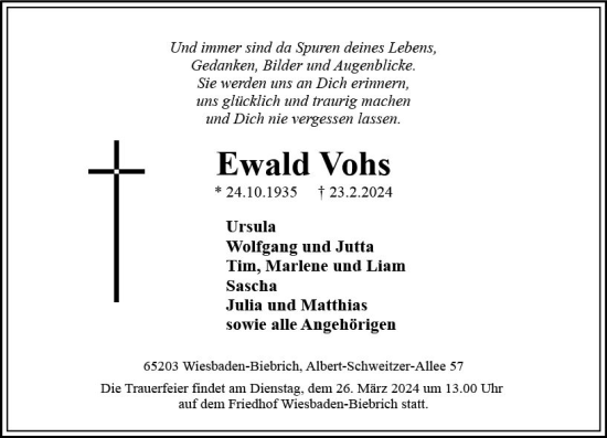 Traueranzeige von Ewald Vohs von Wiesbadener Kurier