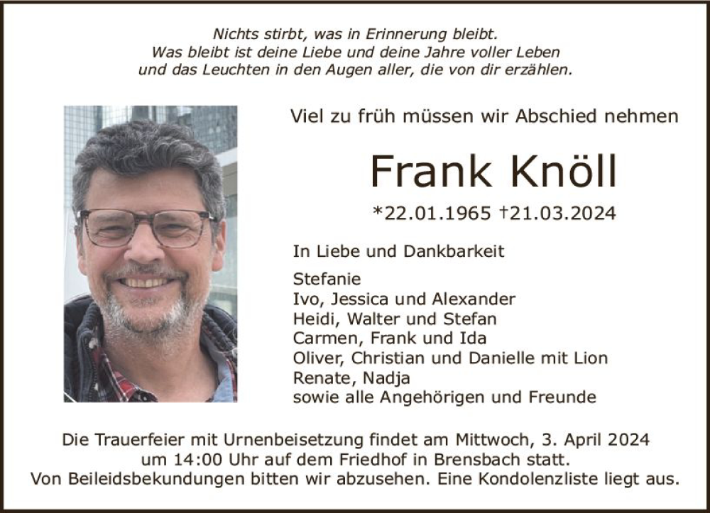  Traueranzeige für Frank Knöll vom 30.03.2024 aus Odenwälder Echo