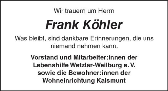 Traueranzeige von Frank Köhler von Weilburger Tageblatt