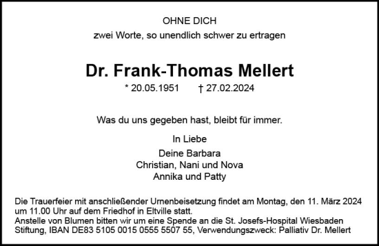 Traueranzeige von Frank-Thomas Mellert von Wiesbadener Kurier