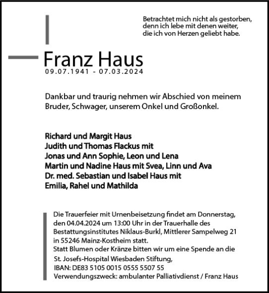 Traueranzeige von Franz Haus von Allgemeine Zeitung Mainz