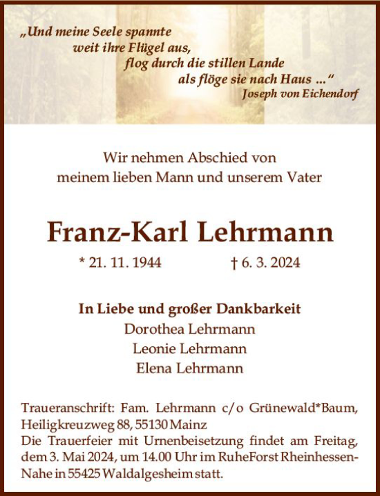 Traueranzeige von Franz-Karl Lehrmann von Allgemeine Zeitung Mainz