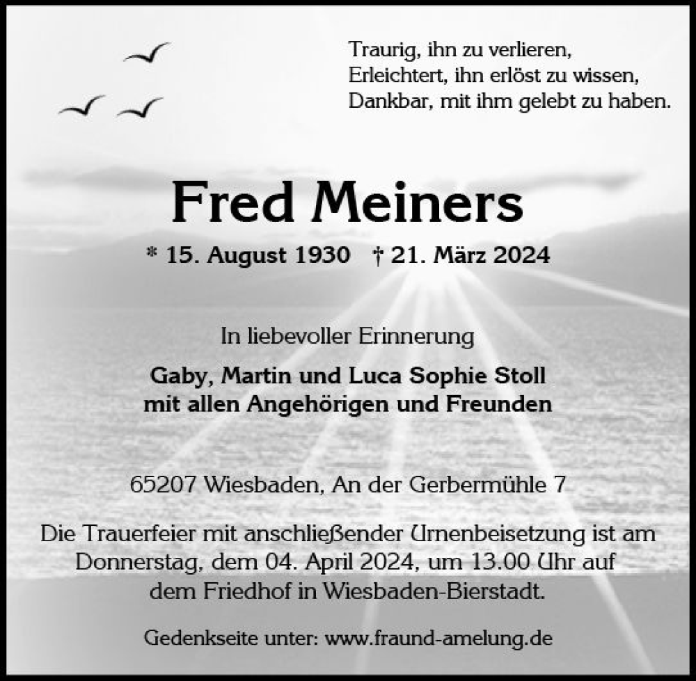  Traueranzeige für Fred Meiners vom 30.03.2024 aus Wiesbadener Kurier