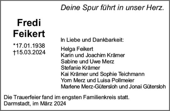 Traueranzeige von Fredi Feikert von Darmstädter Echo