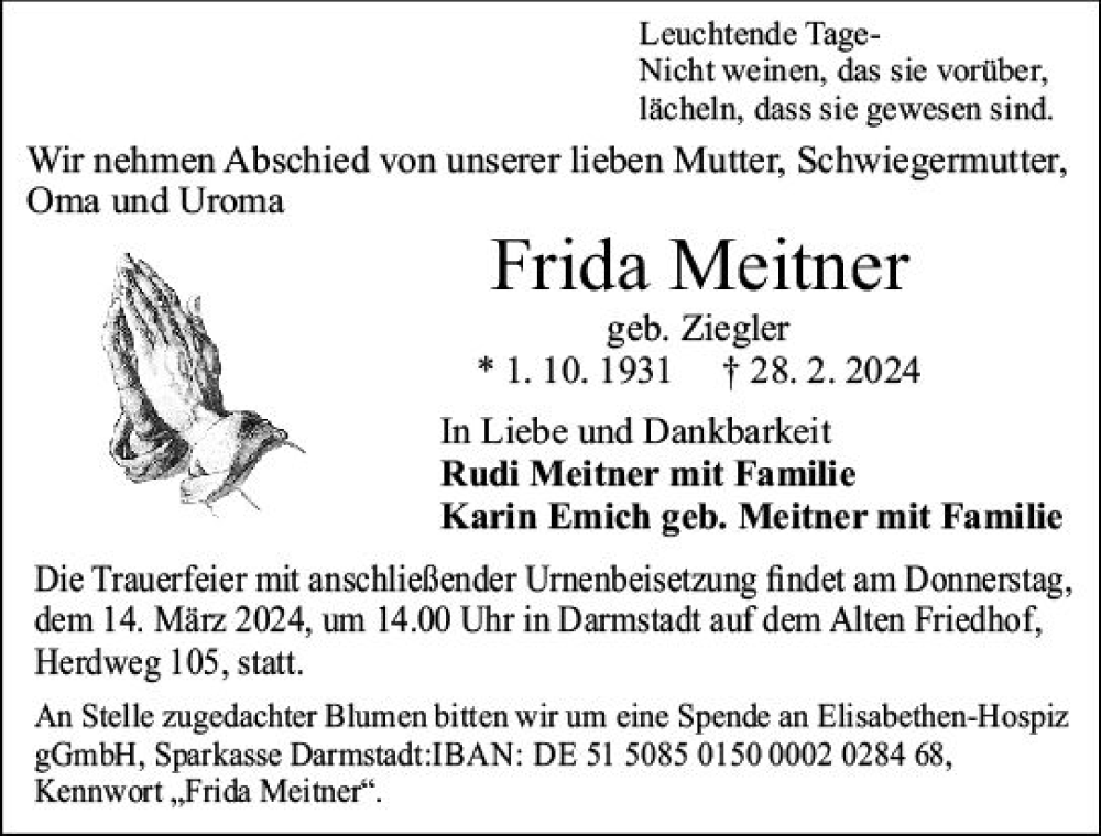  Traueranzeige für Frida Meitner vom 09.03.2024 aus Darmstädter Echo