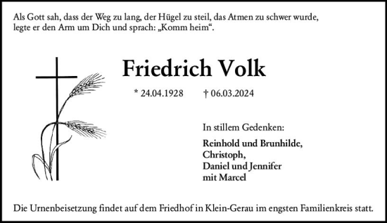 Traueranzeige von Friedrich Volk von Groß-Gerauer Echo
