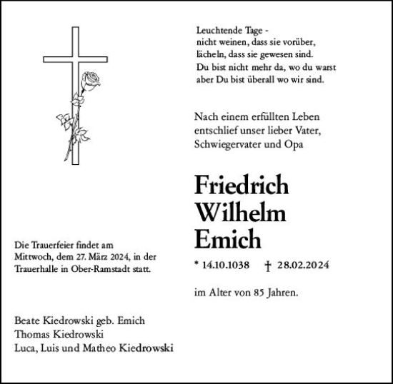 Traueranzeige von Friedrich Wilhelm Emich von Darmstädter Echo