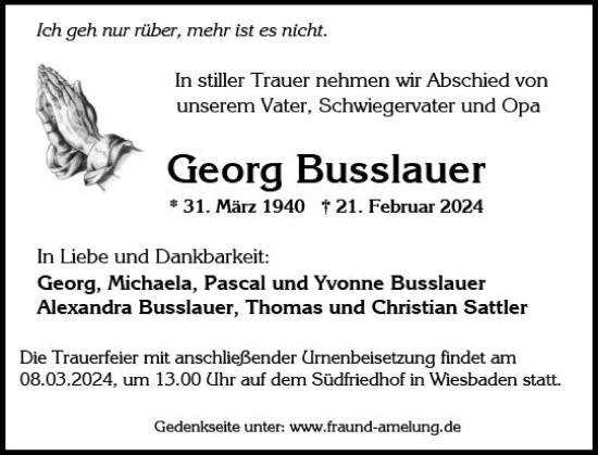 Traueranzeige von Georg Busslauer von Wiesbadener Kurier