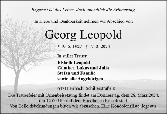 Traueranzeige von Georg Leopold von Odenwälder Echo