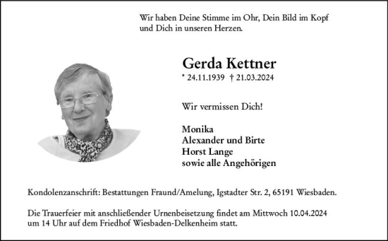 Traueranzeige von Gerda Kettner von Wiesbadener Kurier