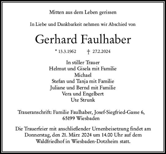 Traueranzeige von Gerhard Faulhaber von Wiesbadener Kurier