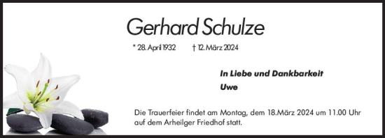 Traueranzeige von Gerhard Schulze von Groß-Gerauer Echo