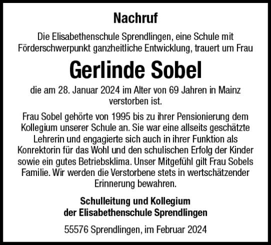 Traueranzeige von Gerlinde Sobel von Allgemeine Zeitung Bingen/Ingelheim