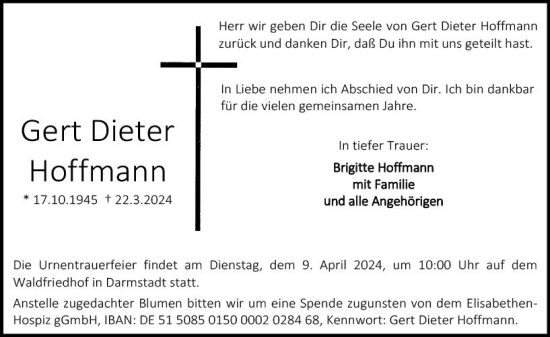 Traueranzeige von Gert Dieter Hoffmann von Darmstädter Echo
