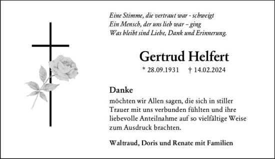Traueranzeige von Gertrud Helfert von Starkenburger Echo