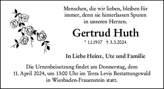 Traueranzeige von Gertrud Huth von Wiesbadener Kurier