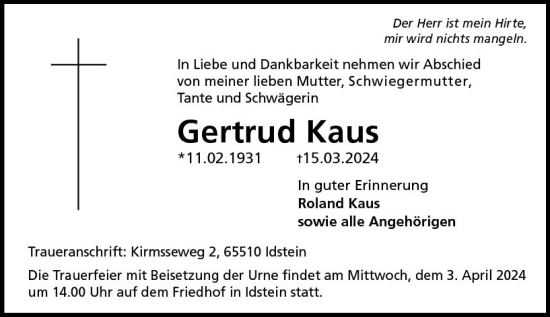 Traueranzeige von Gertrud Kaus von Idsteiner Land/Untertaunus