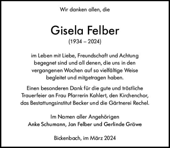 Traueranzeige von Gisela Felber von Darmstädter Echo