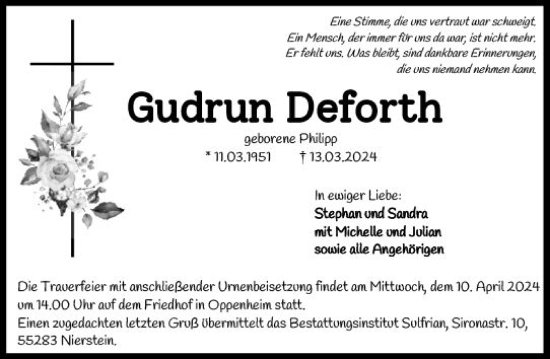 Traueranzeige von Gudrun Deforth von Allgemeine Zeitung Mainz