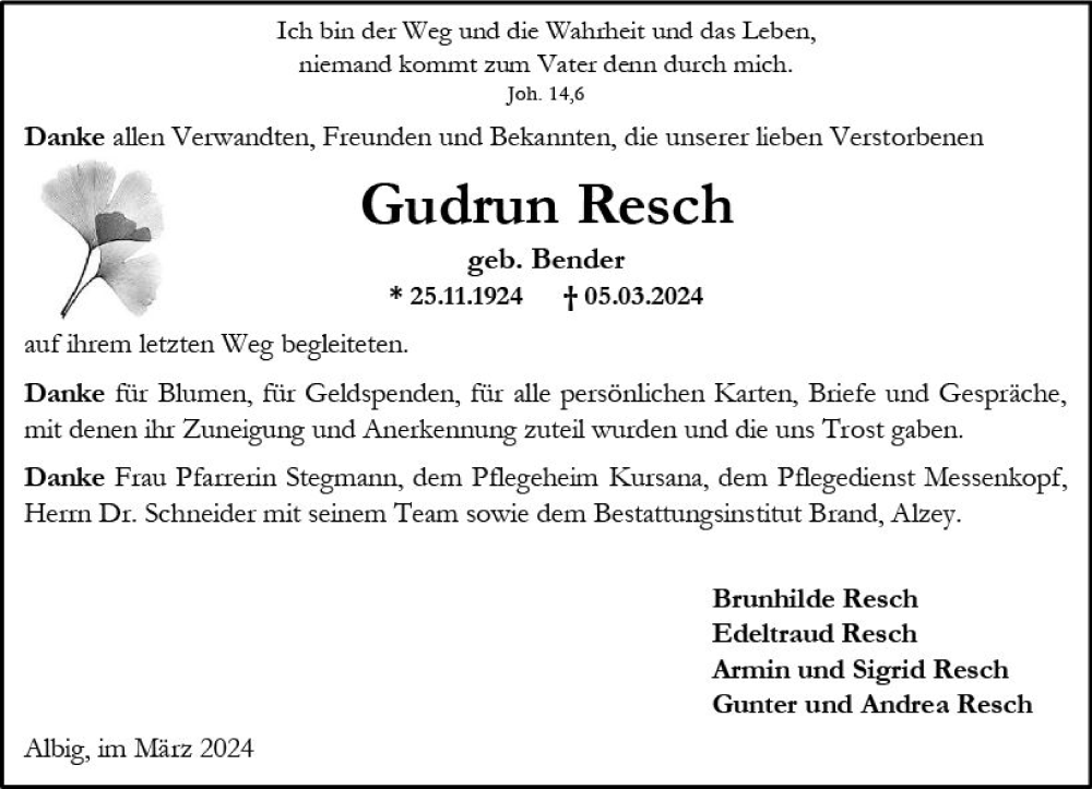  Traueranzeige für Gudrun Resch vom 30.03.2024 aus Allgemeine Zeitung Alzey