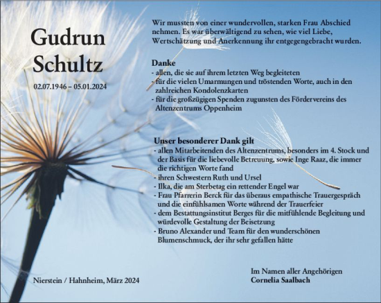 Traueranzeige von Gudrun Schultz von Allgemeine Zeitung Mainz