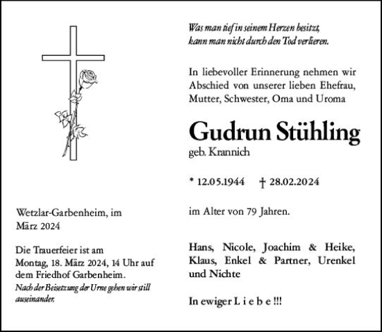 Traueranzeige von Gudrun Stühling von Wetzlarer Neue Zeitung