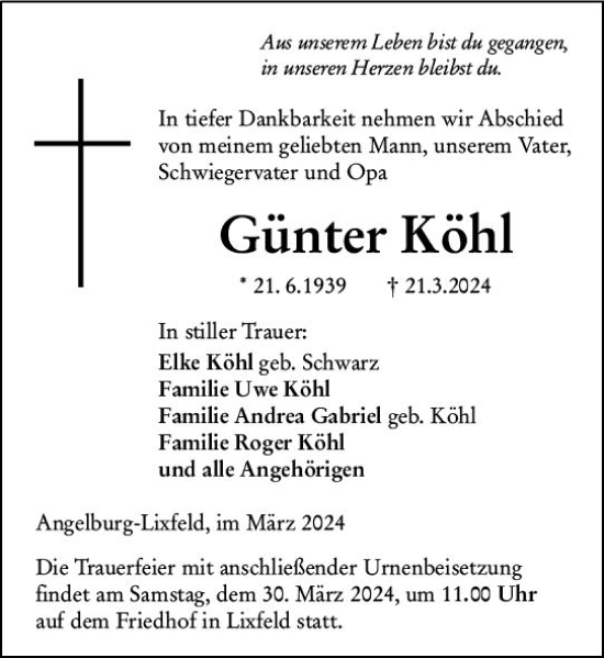 Traueranzeige von Günter Köhl von Hinterländer Anzeiger