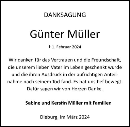 Traueranzeige von Günter Müller von Dieburger Anzeiger/Groß-Zimmerner Lokal-Anzeiger